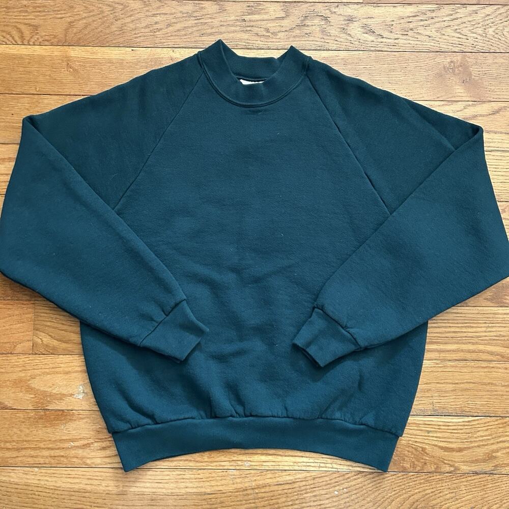 Vintage 90s Fruit Of The Loom Green Raglan Fleece Pullover Sweatshirt Small